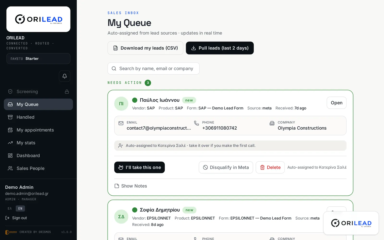 ORILEAD sales queue showing new leads with owner, source and status